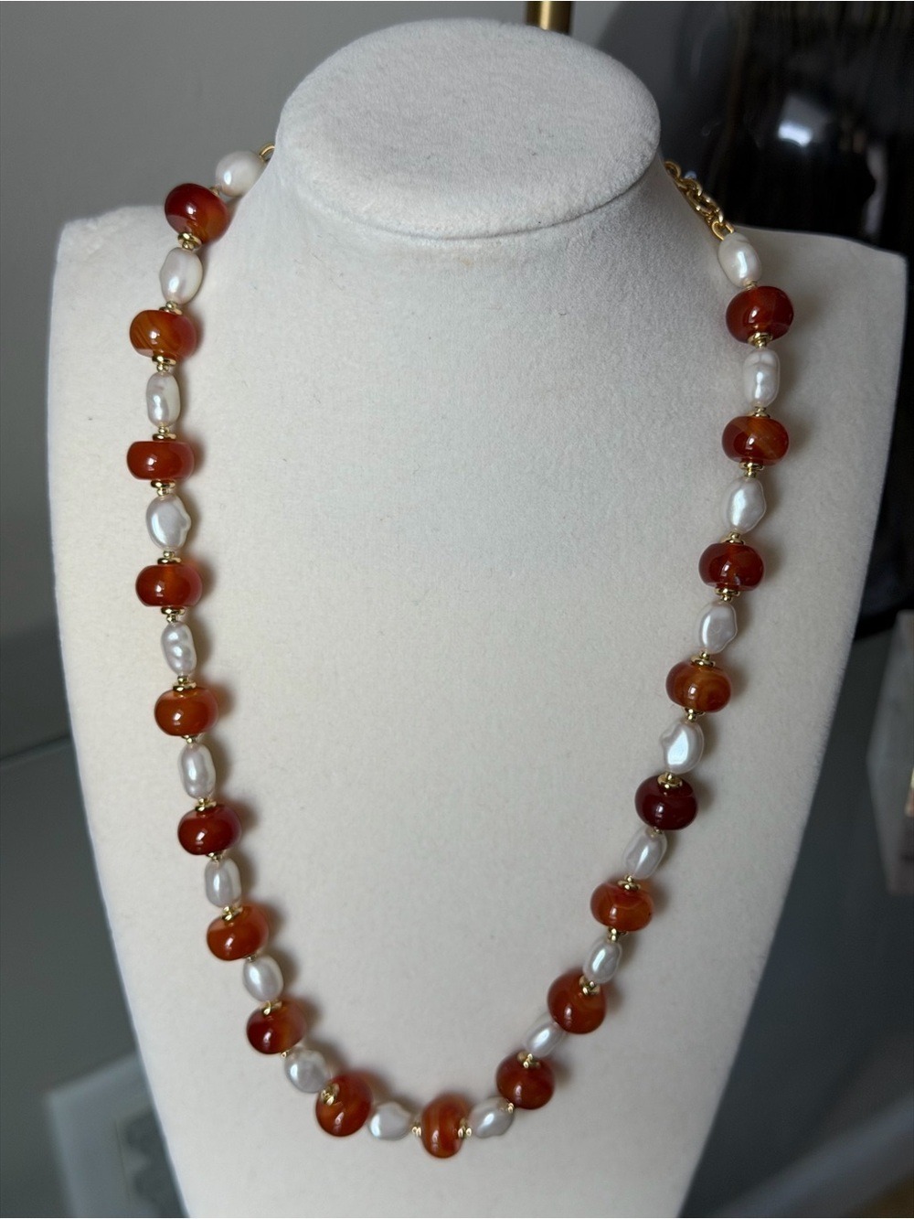 Talbots Carnelian Bead and Faux Pearl Necklace with Gold Accents